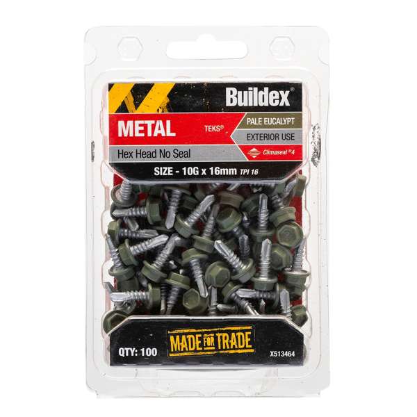 Buiildex Metal C4 HexHead No Seal Tek Screws 10g x 16mm Pale Eucalypt Bx100