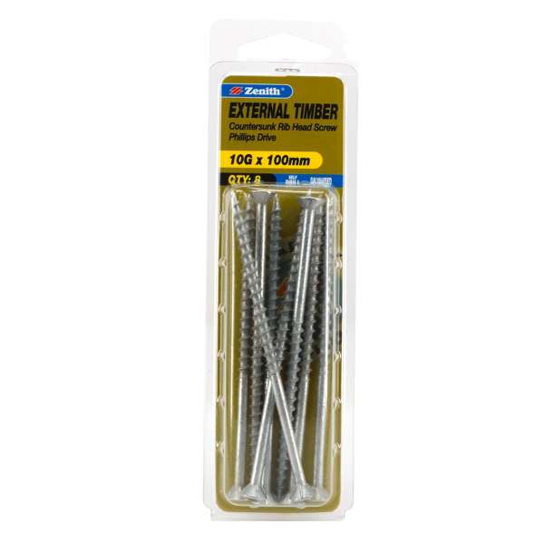 Zenith 10G x 100mm Countersunk Rib Head External Timber Screws - 8 Pack