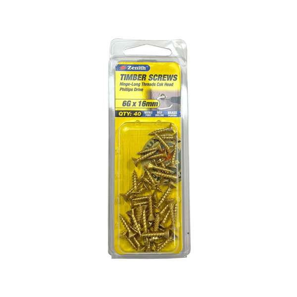 Zenith 6G x 16mm Brass Plated Hinge-Long Threads Countersunk Head Timber Screws - 40 Pack