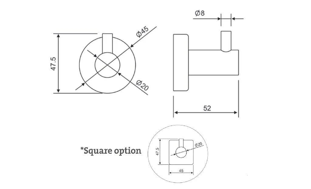 Bolera Robe Hook Round & Square Plates Black