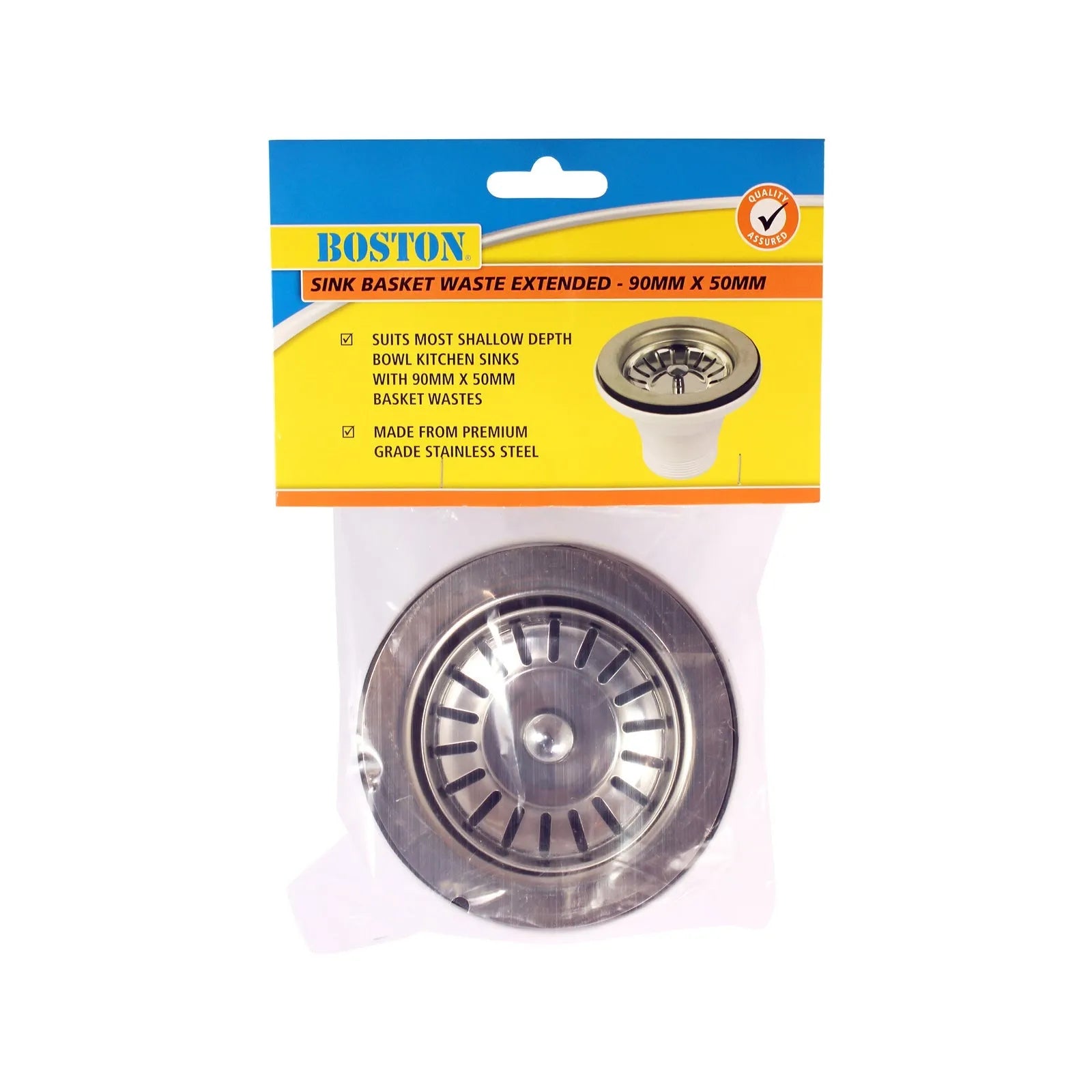 Boston Sink Basket Waste Extended Stainless Steel 90 x 50mm