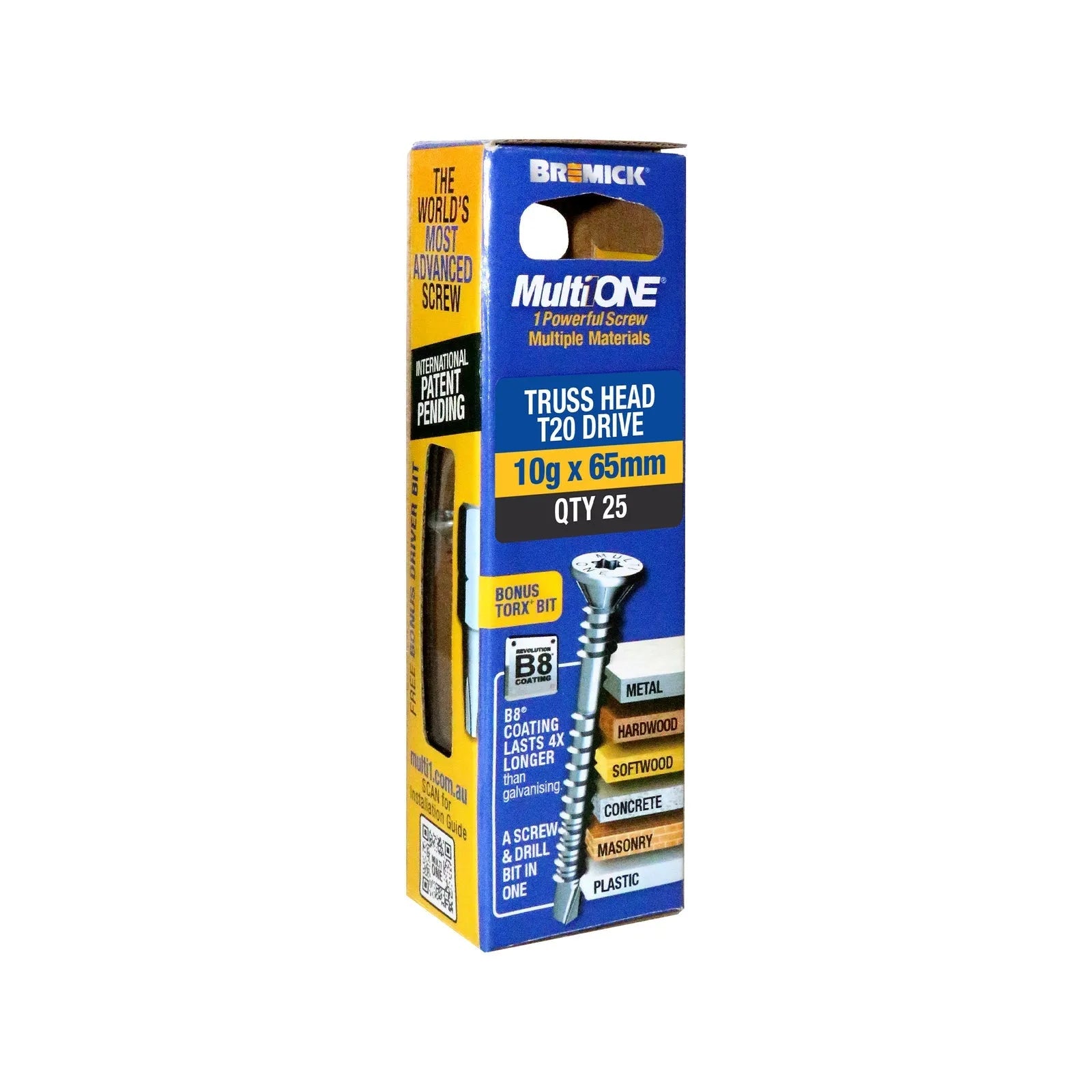 Bremick Screw MultiOne Countersunk Truss Head 20 B8 Coated 10g x 65mm - 25 Pack