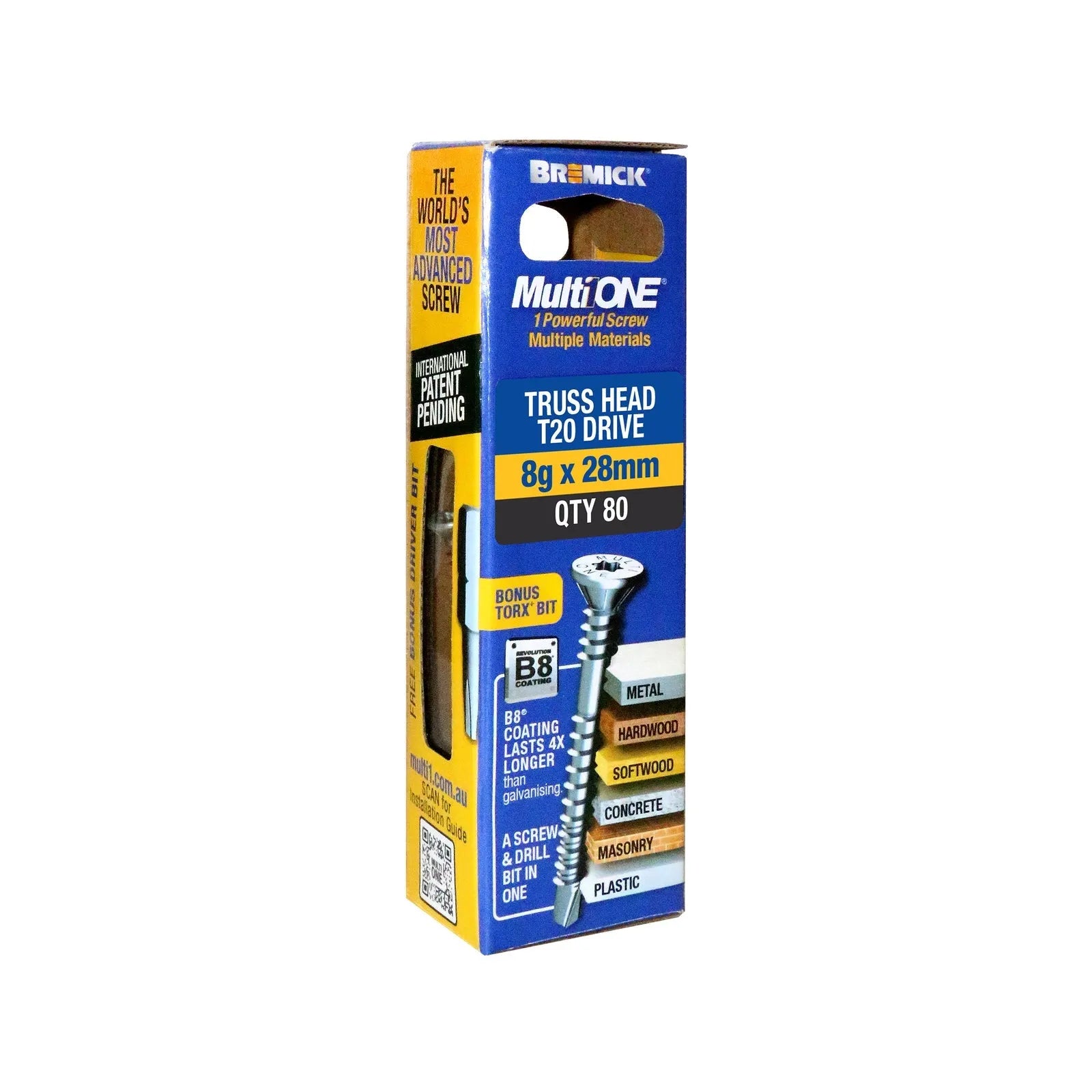 Bremick Screw MultiOne Countersunk Truss Head 20 B8 Coated 8g x 28mm - 80 Pack