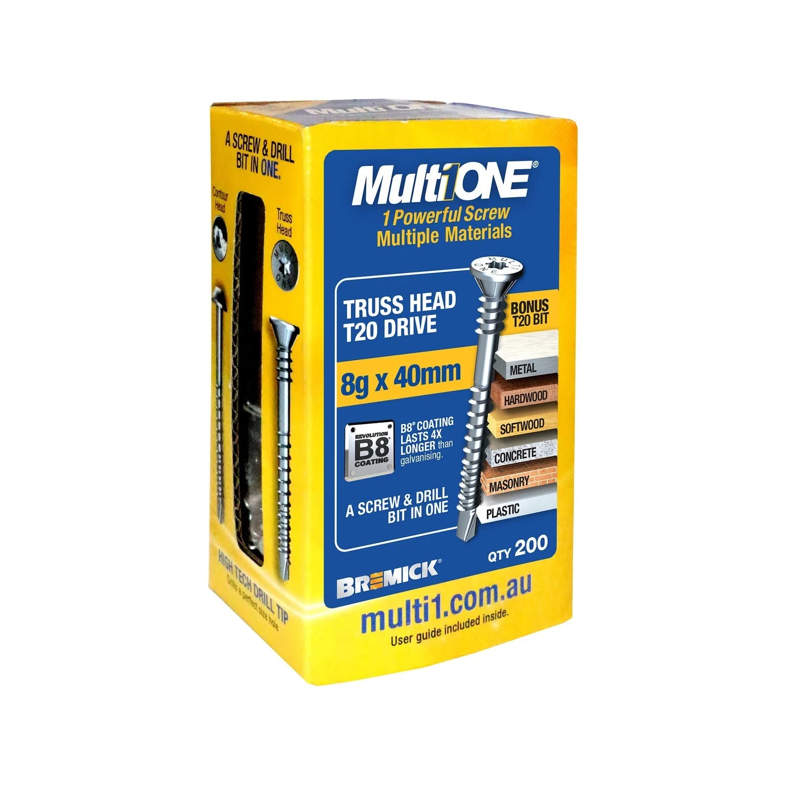 Bremick Screw MultiOne Countersunk Truss Head 20 B8 Coated 8g x 40mm - 200 Pack