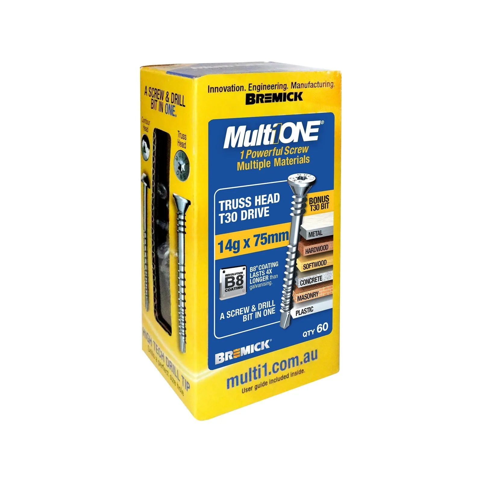 Bremick Screw MultiOne Countersunk Truss Head 30 B8 Coated 14g x 75mm - 60 Pack