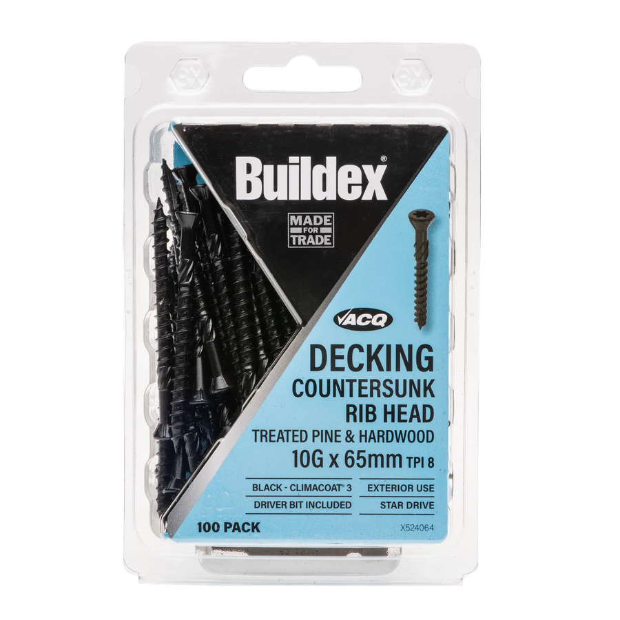 Buildex 10g x 65mm Black Decking Screws - 100 Pack