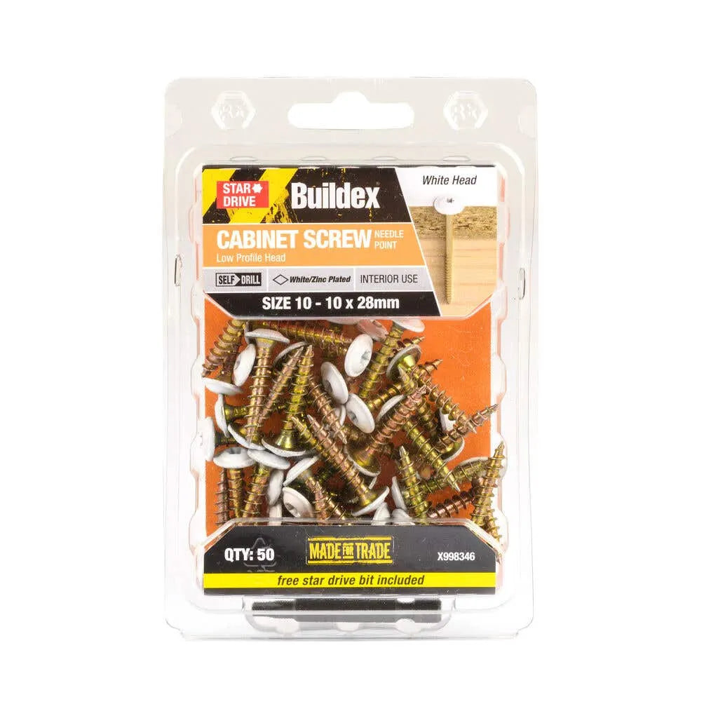 Buildex Cabinet Screw White ZP 10 - 10 x 28mm - 50 Pack