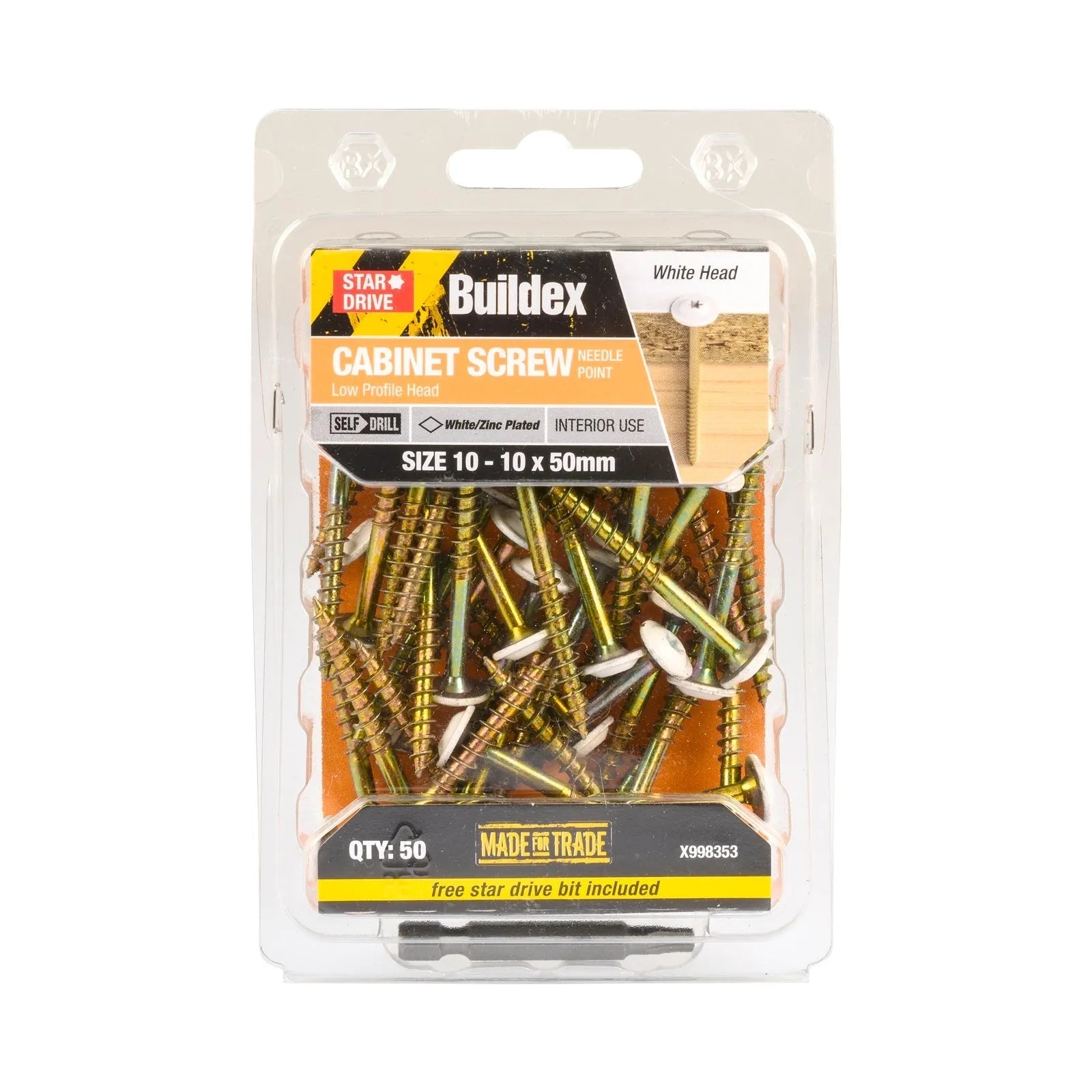 Buildex Cabinet Screw White ZP 10 - 10 x 50mm - 50 Pack