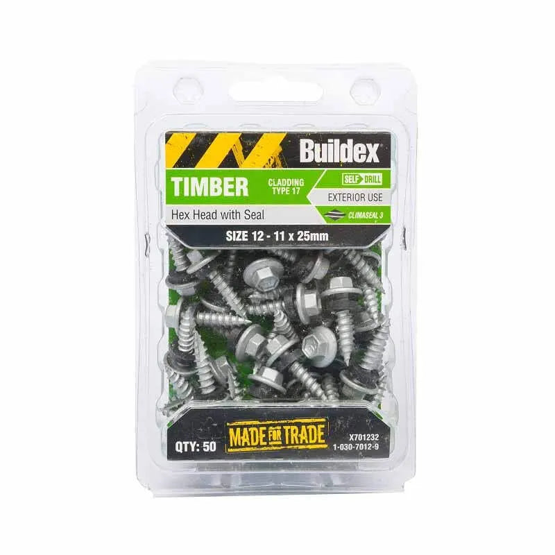 Buildex Cladding Screws T17 Hex Head with Seal 12 - 11 x 25mm - 50 Pack
