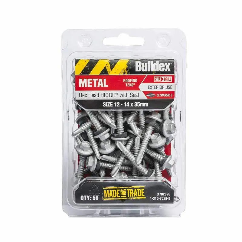 Buildex Metal Roofing Teks Hex Head Hi-Grip with Seal 12 - 14 x 35mm - 50 Pack