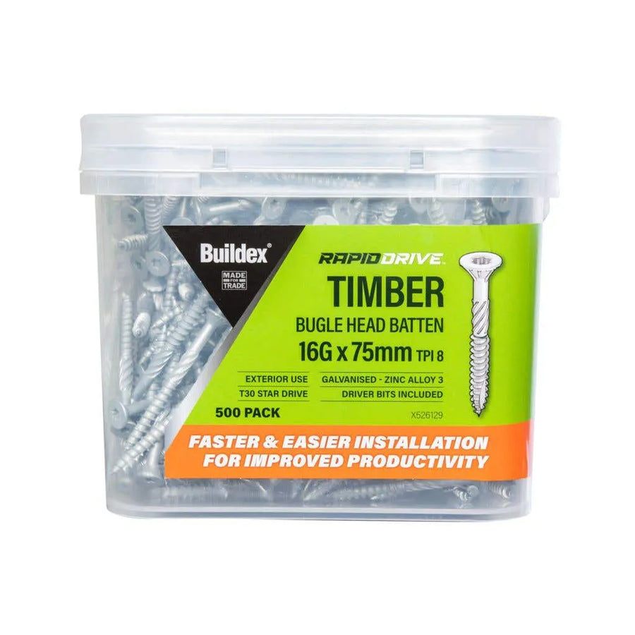 Buildex RapidDrive Zinc Alloy Bugle Head Batten Screws 16-8G x 75mm - 500pk