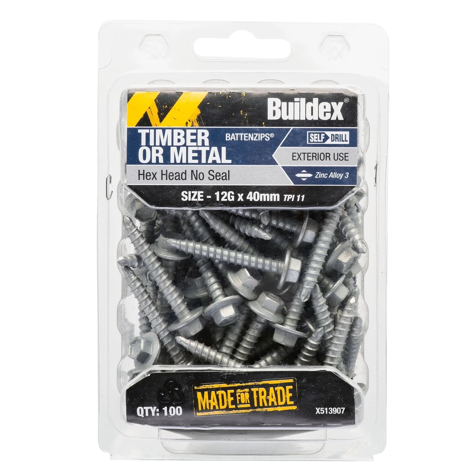 Buildex Timber or Metal Batten Zip ZA3 Hex Head No Seal Screws 12g x 40mm Bx100 x 513907 - 100 Pack