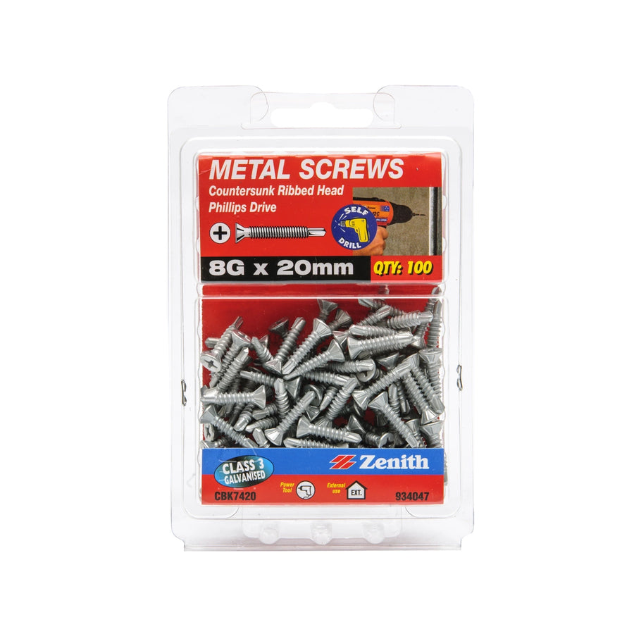 Zenith Metal Screws Countersunk Ribbed Head Galv 8G x 20mm - 100 Pack