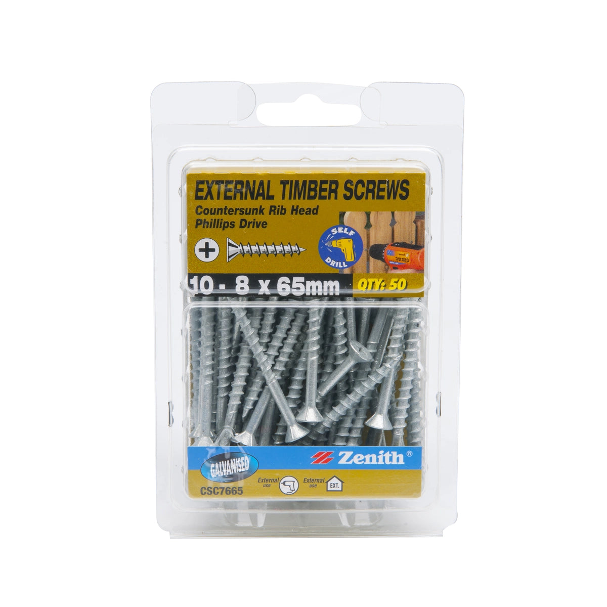 Zenith External Timber Screws Galv 10G x 65mm 50 Pack