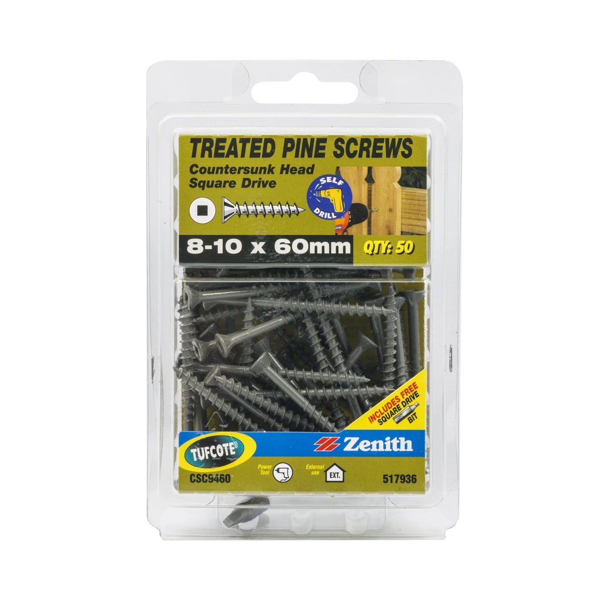 Zenith Screw Treated Pine Tufcote Square Drive 8G x 60mm 16 Pack