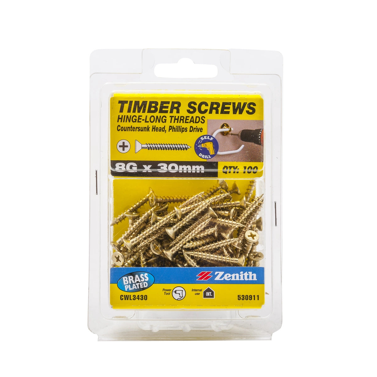 Zenith Timber Screws Countersunk Brass 8G x 30mm 100 Pack