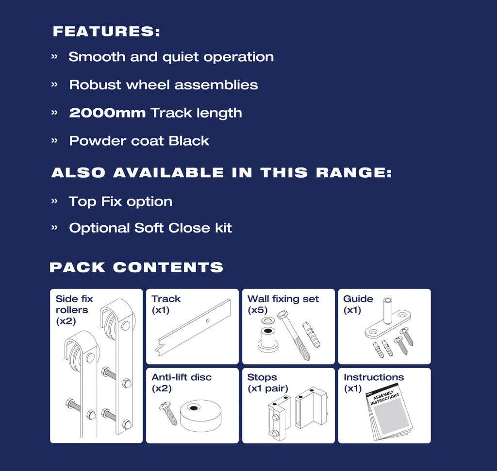 Cowdroy Barn Door Hardware Kit with Side Fix Black 2m