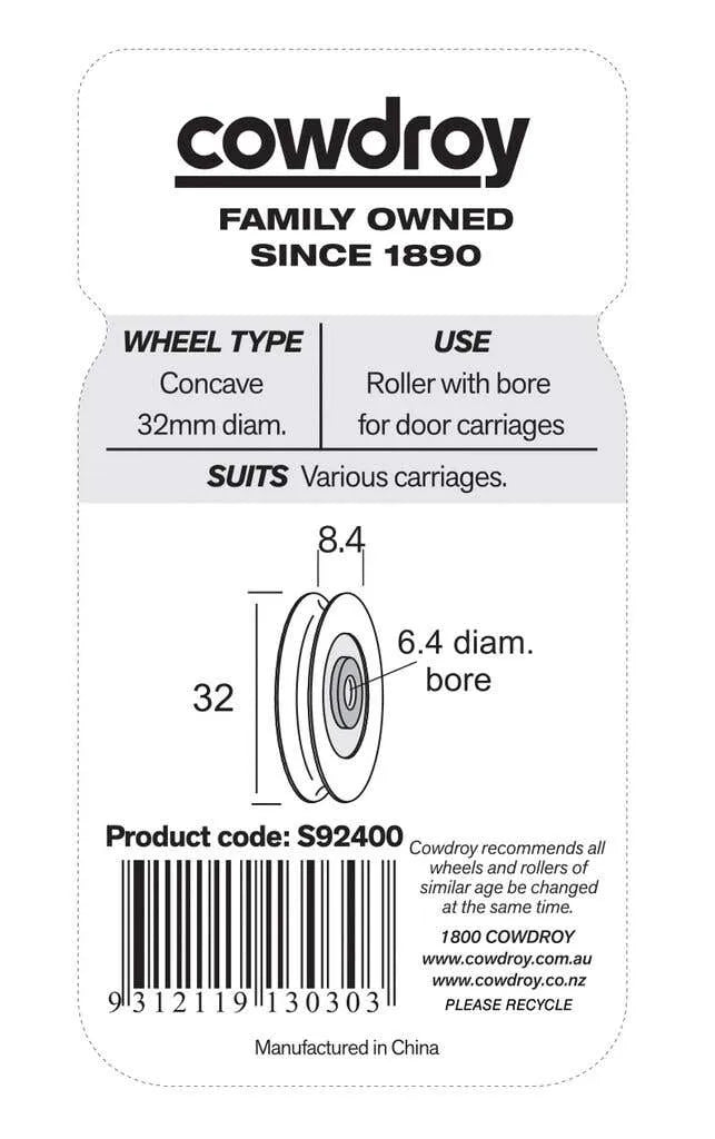 Cowdroy Concave Wheel Roller with Bore 32mm - 2 Pack