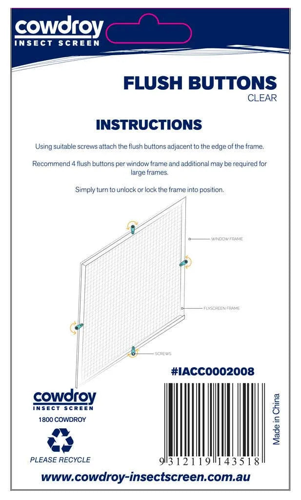 Cowdroy Flyscreen Flush Buttons Clear - 8 Pack
