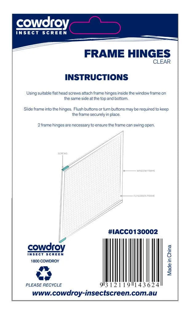 Cowdroy Flyscreen Frame Hinges Clear - 2 Pack