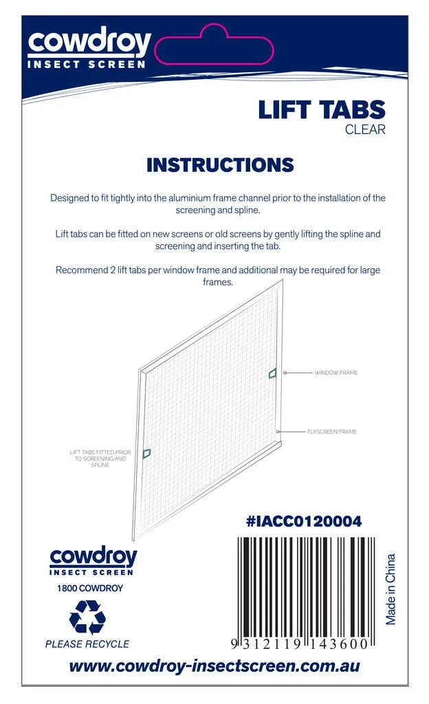 Cowdroy Flyscreen Lift Tabs Clear - 4 Pack