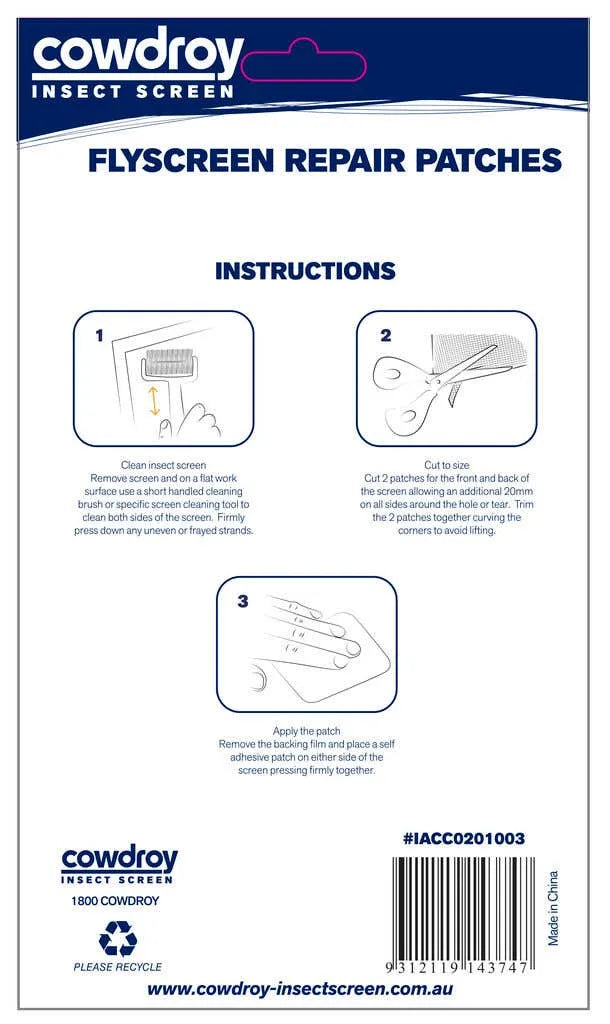 Cowdroy Flyscreen Repair Patches 100 x 80mm - 3 Pack