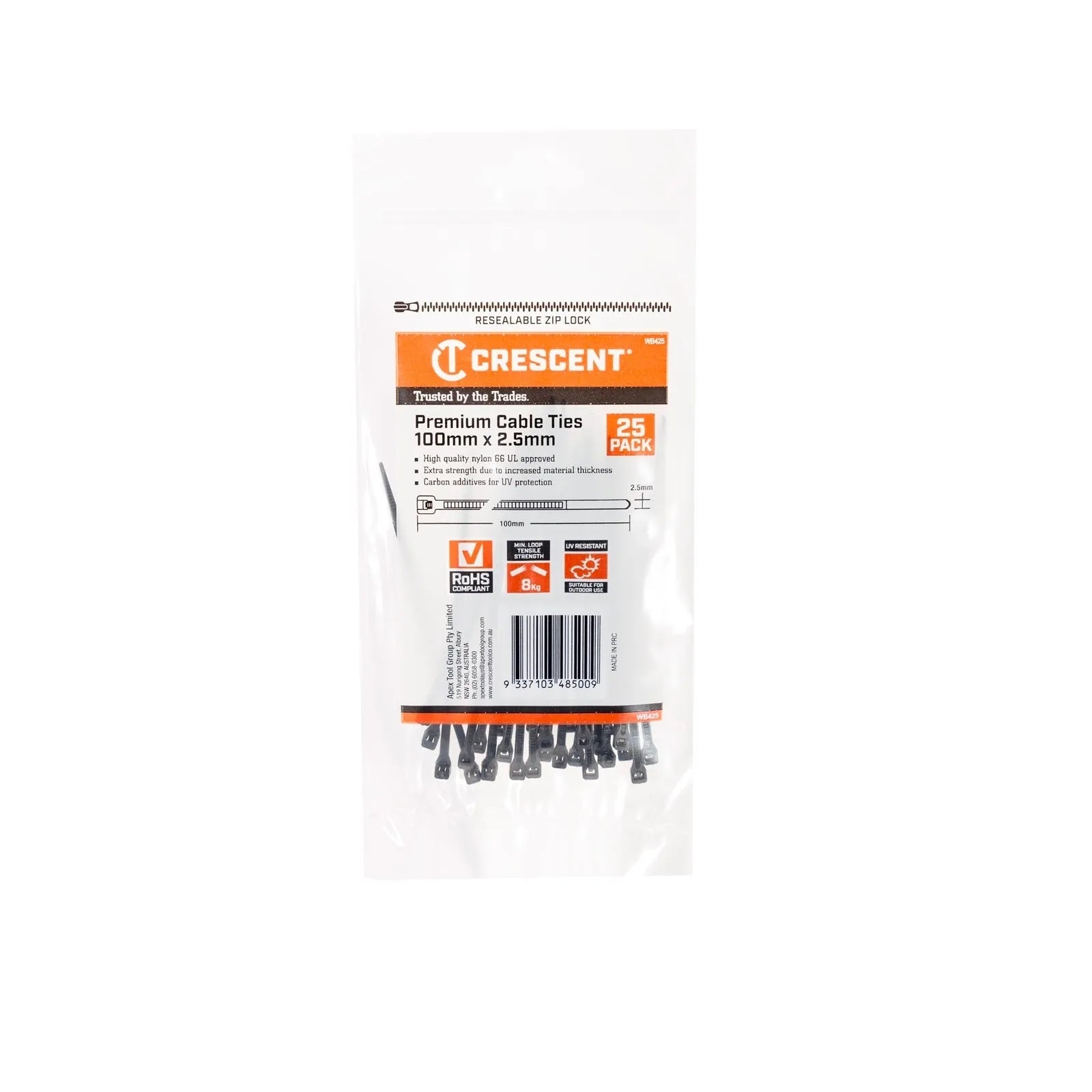 Crescent Cable Ties Black 100 x 2.5mm - 25 Pack