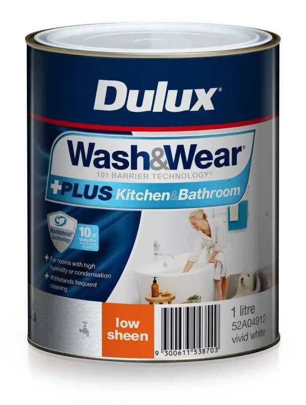 Dulux Wash & Wear +Plus Kitchen & Bathroom Low Sheen Vivid White 1L