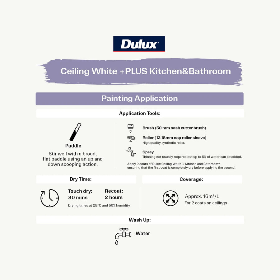 Dulux White Ceiling +PLUS Kitchen & Bathroom Paint - 1L