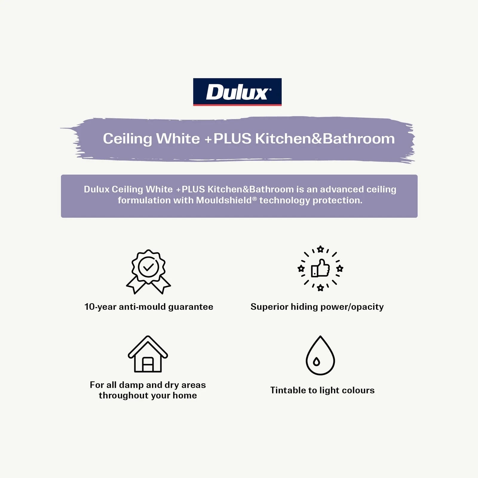 Dulux White Ceiling +PLUS Kitchen & Bathroom Paint - 4L