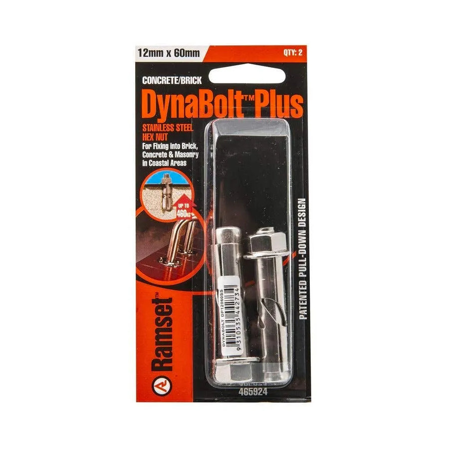 Dynabolt Plus Hex Heavy Duty Stainless Steel 12 x 60mm - 2 Pack