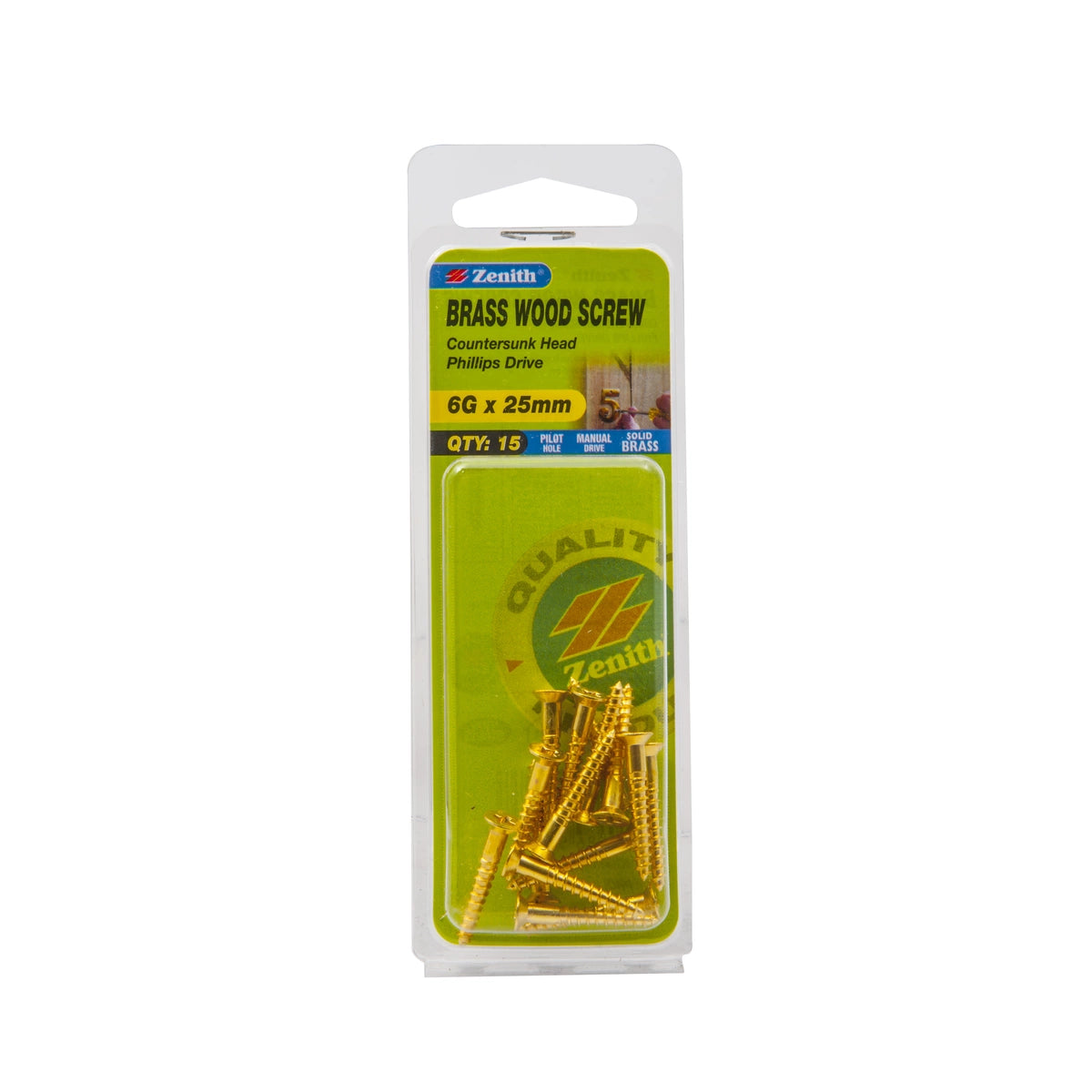 Zenith 6G x 25mm Solid Brass Countersunk Head Wood Screws - 15 Pack