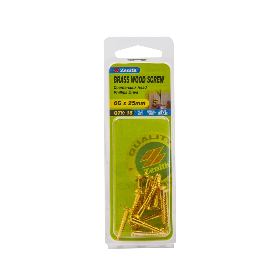 Zenith 6G x 25mm Solid Brass Countersunk Head Wood Screws - 15 Pack