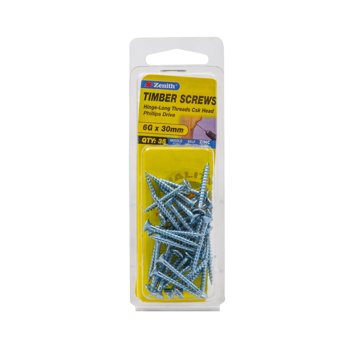 Zenith Zinc Plated Hinge Long-Thread Countersunk Timber Screw 6G x 30mm 35 Pack