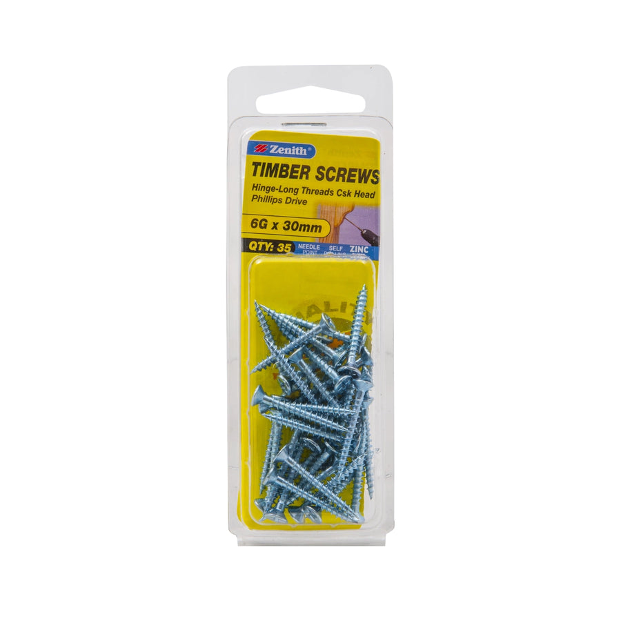 Zenith 6G x 30mm ZP Hinge-Long Threads Countersunk Head Timber Screws - 35 Pack
