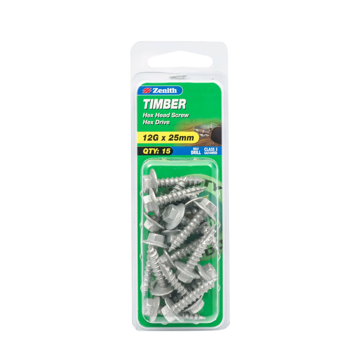 Zenith Galvanised Hex Head Timber Screw 12G x 25mm 15 Pack