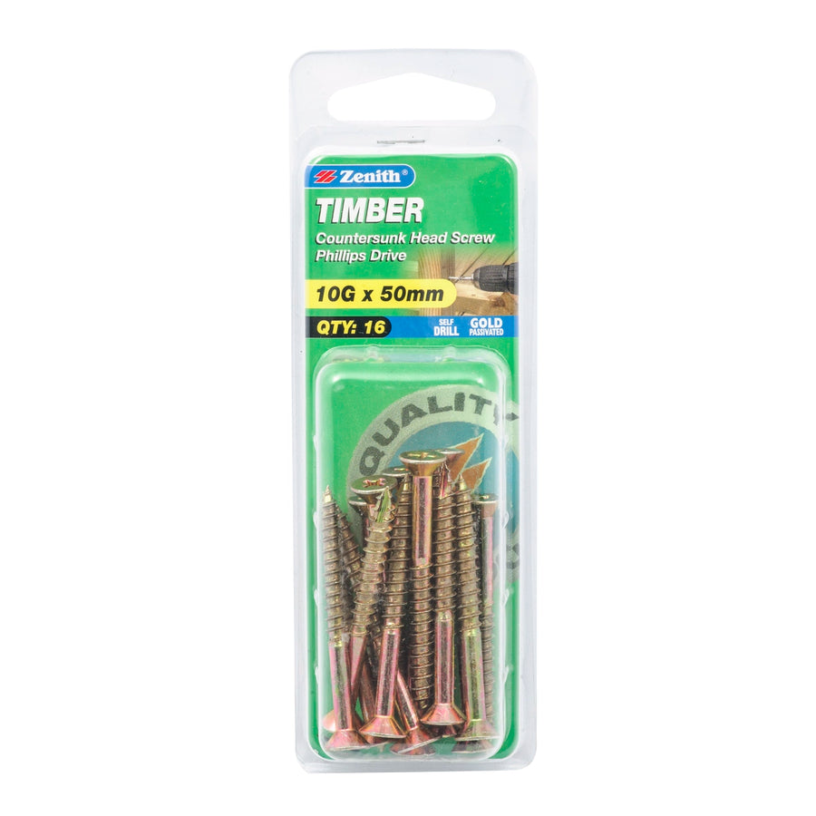 Zenith 10g x 50mm Gold Passivated Countersunk Head Timber Screws - 16 Pack