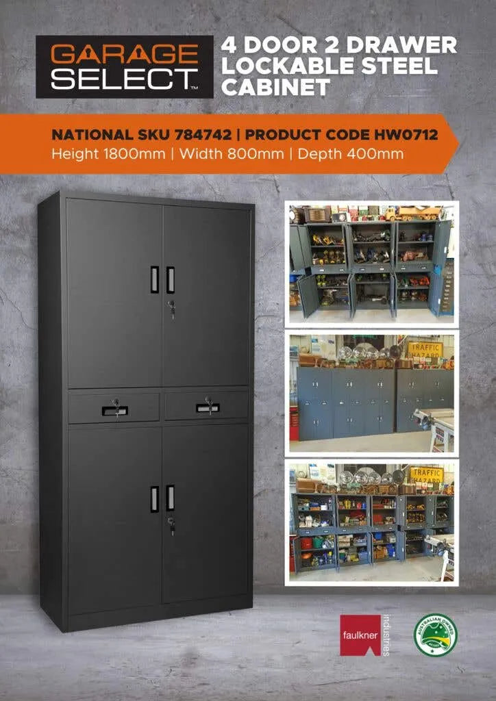Garage Select 4 Door 2 Drawer Lockable Steel Cabinet Dark Grey