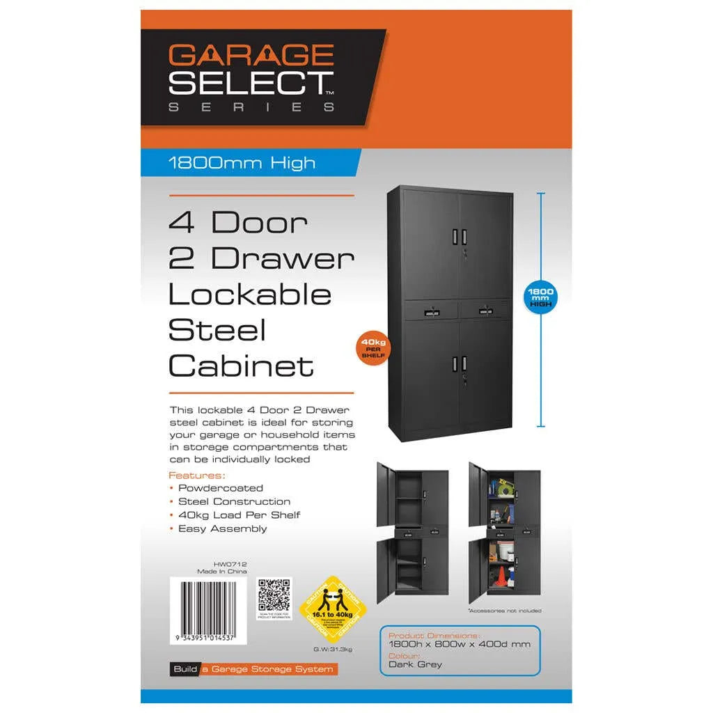 Garage Select 4 Door 2 Drawer Lockable Steel Cabinet Dark Grey