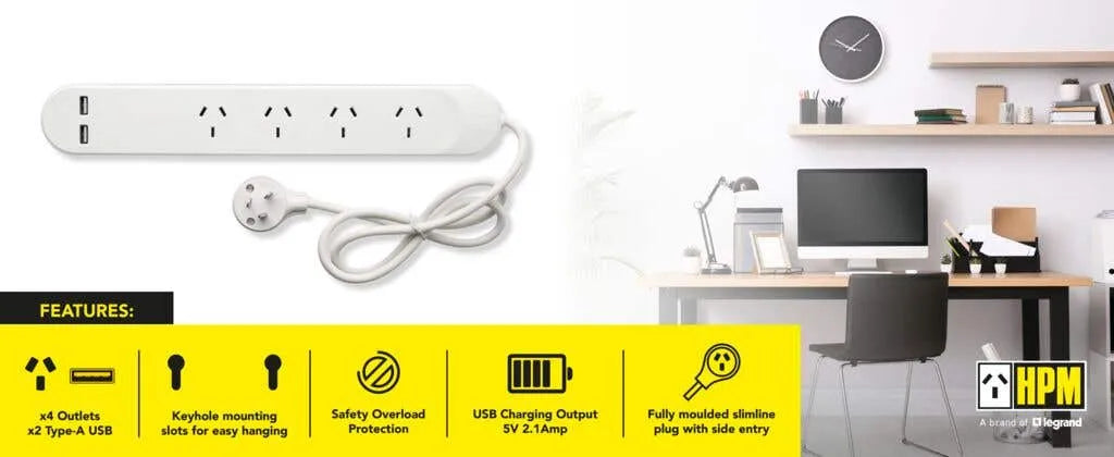 HPM 4 Powerboard Overload Protection with 2 x USB A Outlet
