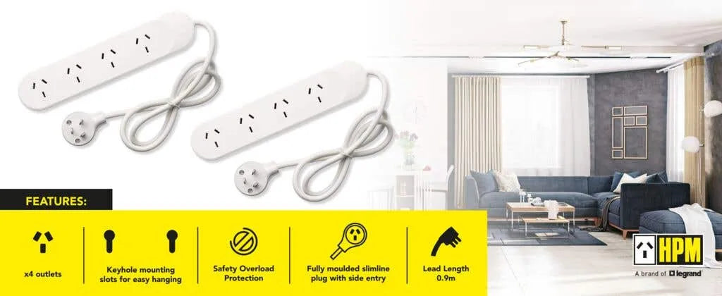HPM Standard 4 Outlet Powerboard - 2 Pack