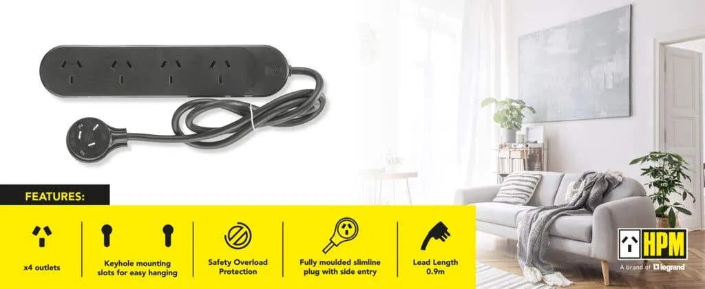 HPM Standard 4 Outlet Powerboard Black