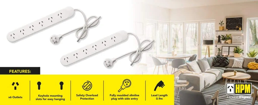 HPM Standard 6 Outlet Powerboard - 2 Pack