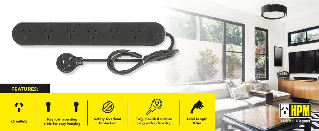 HPM Standard 6 Outlet Powerboard Black
