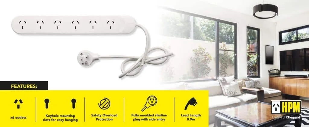 HPM Standard 6 Outlet Powerboard White