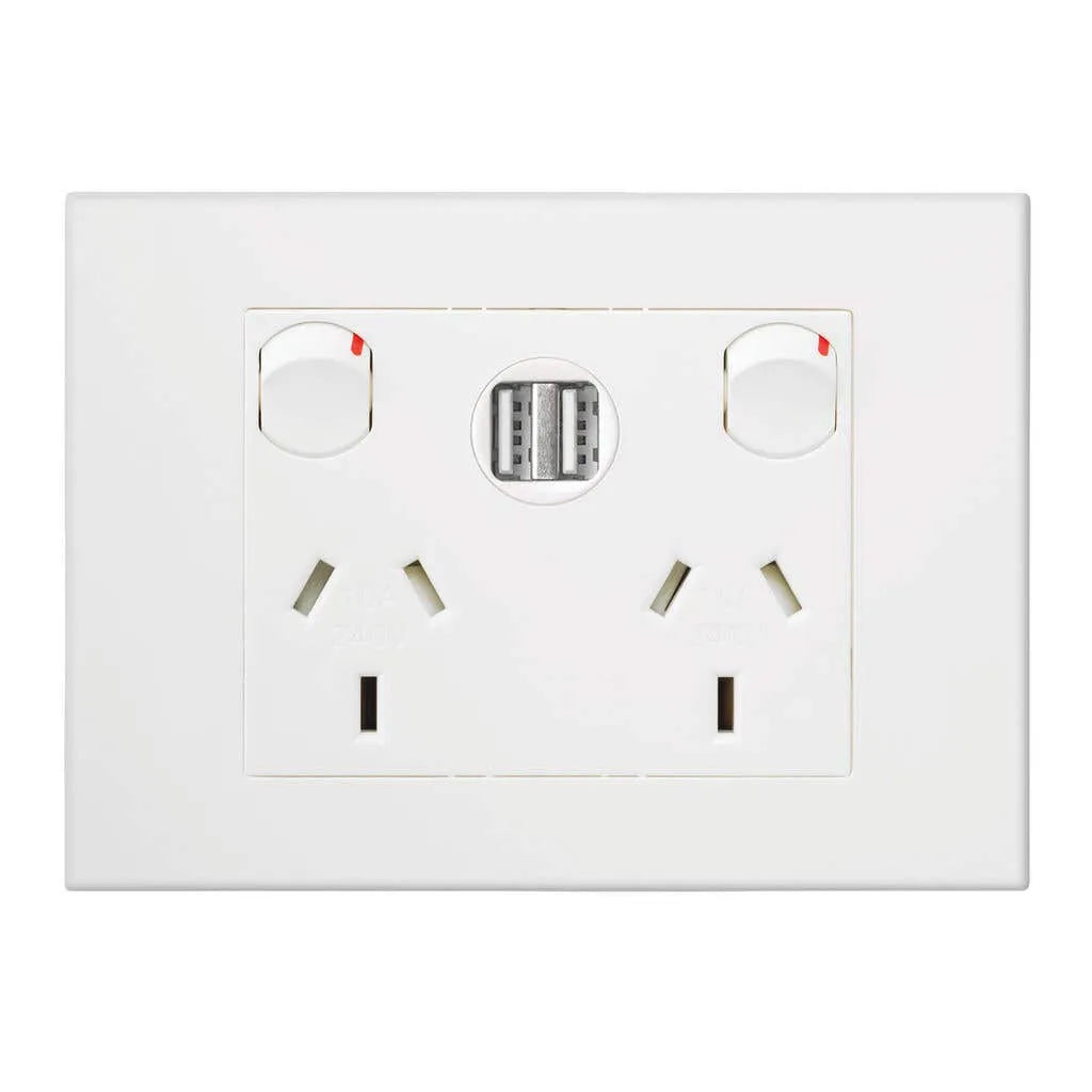 HPM VIVO 10Amp Double Powerpoint with 2 Integrated USB 2.4A Chargers White