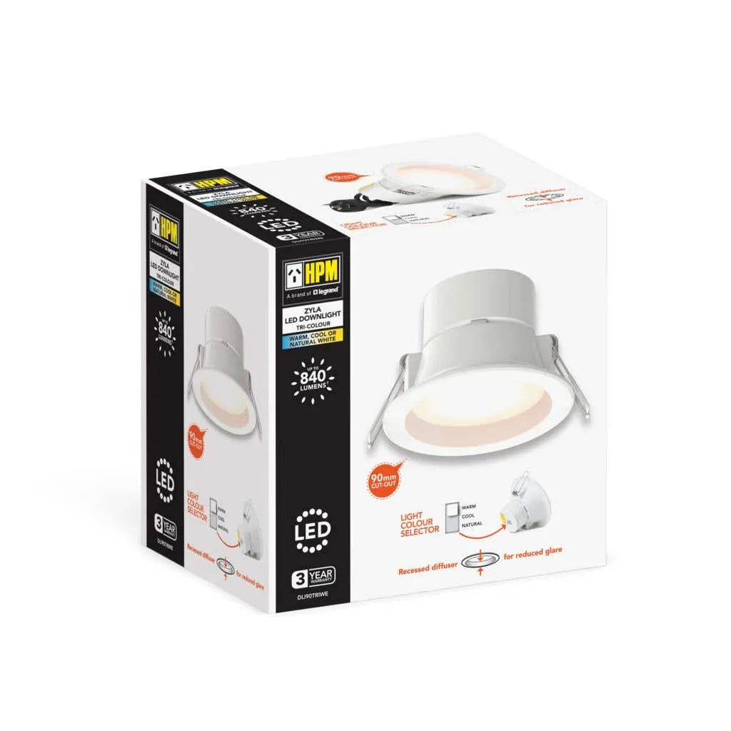 HPM Zyla 7W LED Tri-Colour Recessed Downlight White 90mm 840lm