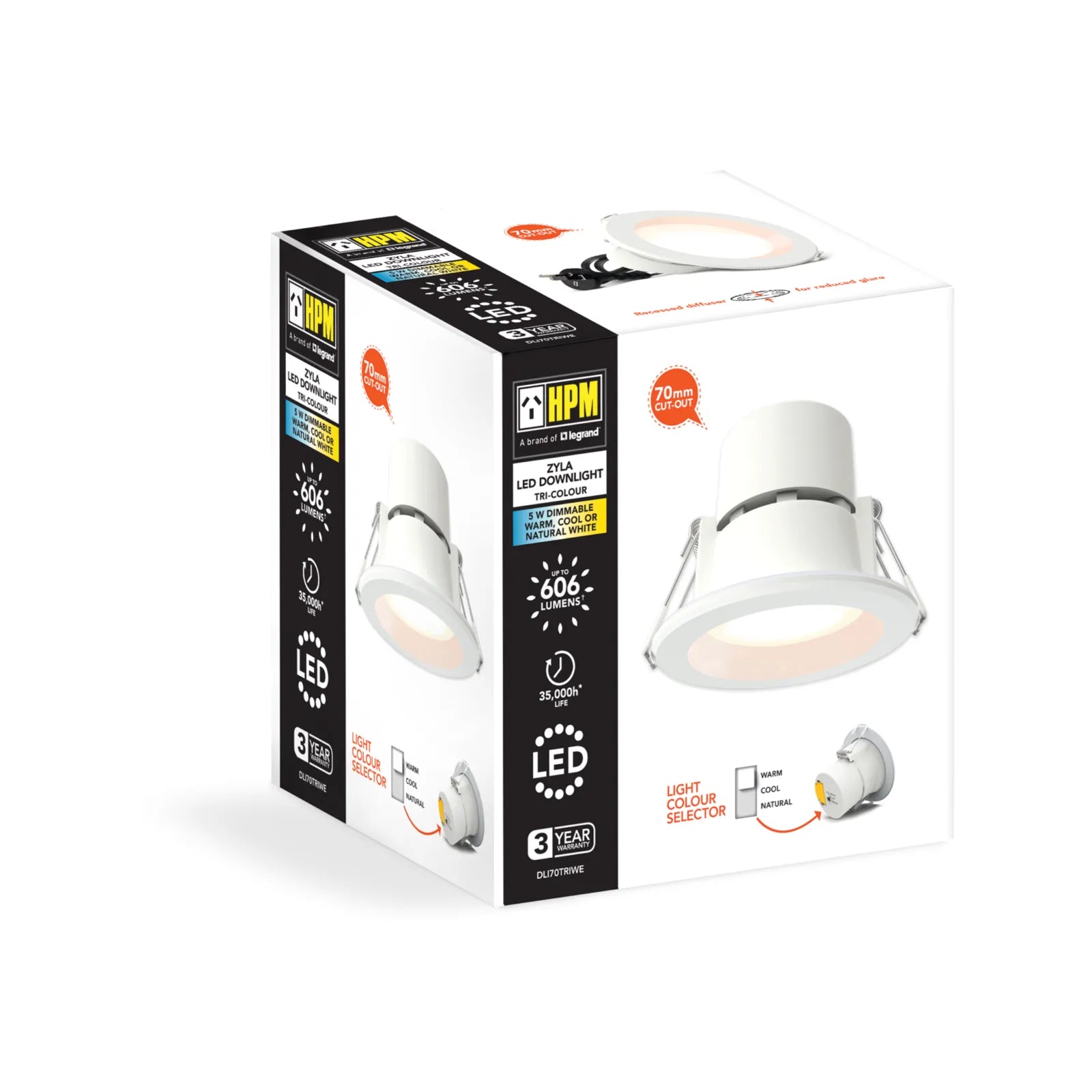HPM Zyla LED 5W 606lm Tri-Colour Recessed Downlight White 70mm