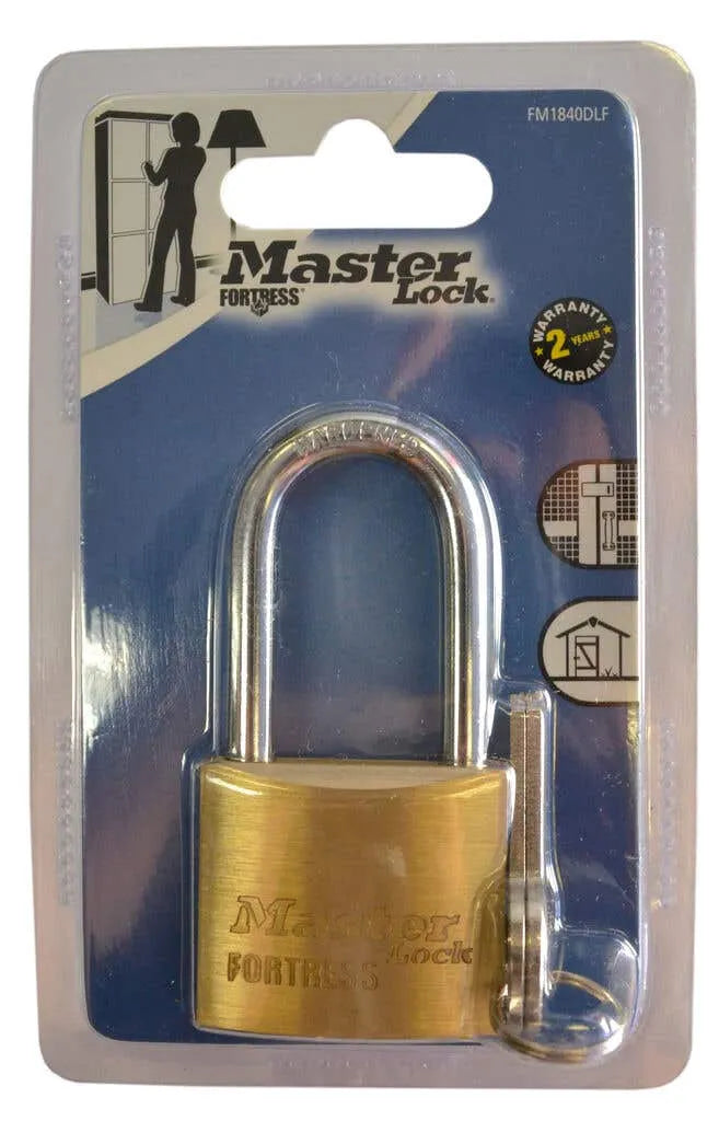 Master Lock Fortress Economy Long Shackle Padlock Brass 40mm