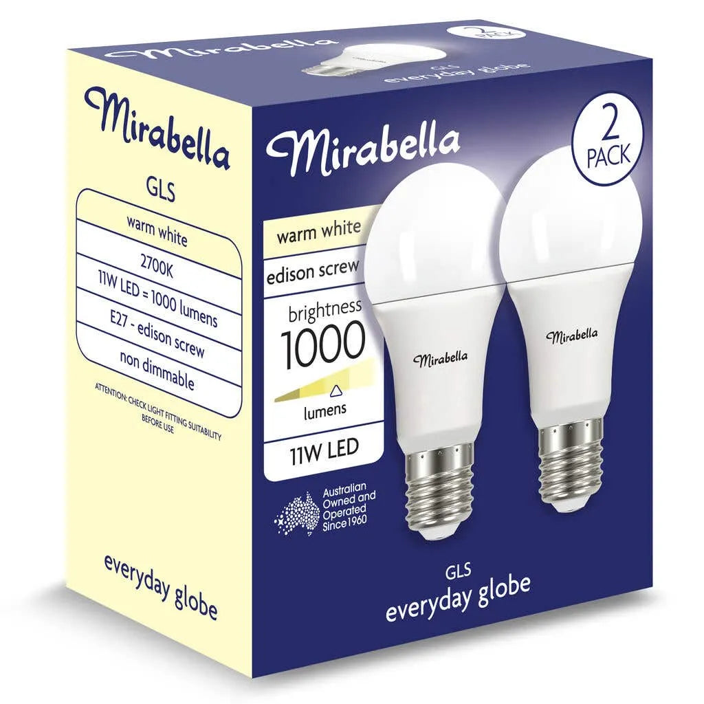 Mirabella LED Gloss 11W 1000Lumens 2700K ES Warm White - 2 Pack